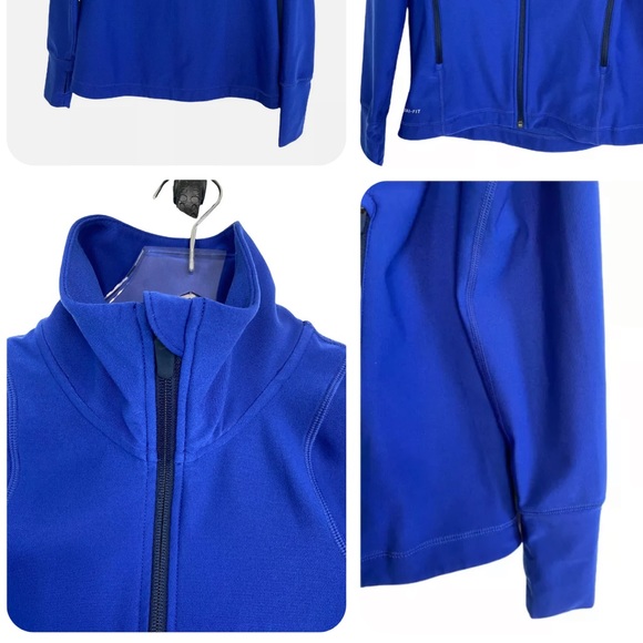 WOMENS NIKE DRI FIT BLUE ZIP UP JACKET W/THUMBHOLES LOGO ON SLEEVES SIZE L - Picture 3 of 8